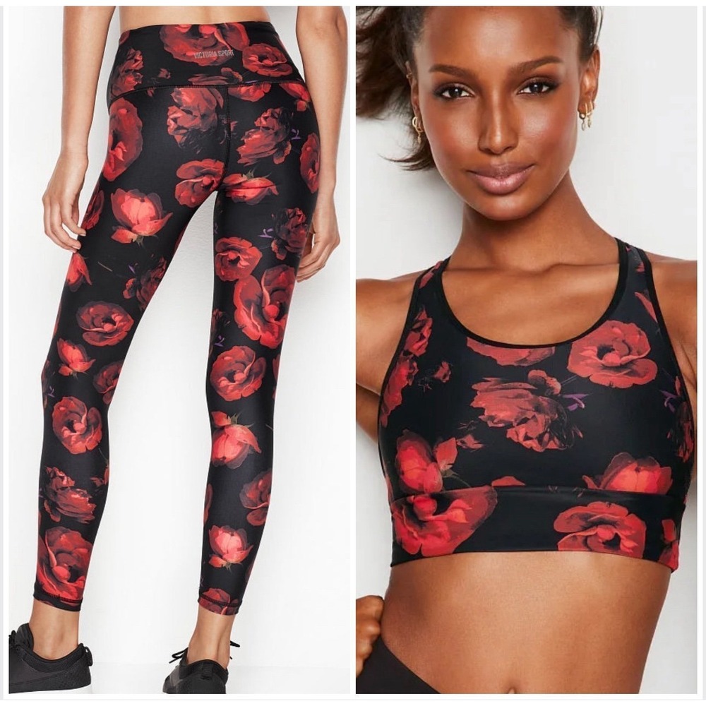 Victoria Sport Activewear Set Womens Small Black Red Rose Floral Leggings Bra XS